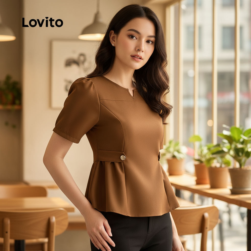 Lovito เสื้อเชิ้ตผู้หญิงสุดหรู สีน้ําตาล สําหรับฤดูใบไม้ผลิ/ฤดูร้อน สไตล์โบว์ลิ่ง L143ED286