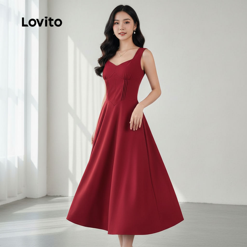 Lovito ชุดเดรสสีแดงสําหรับฤดูร้อนผู้หญิง L157ED448