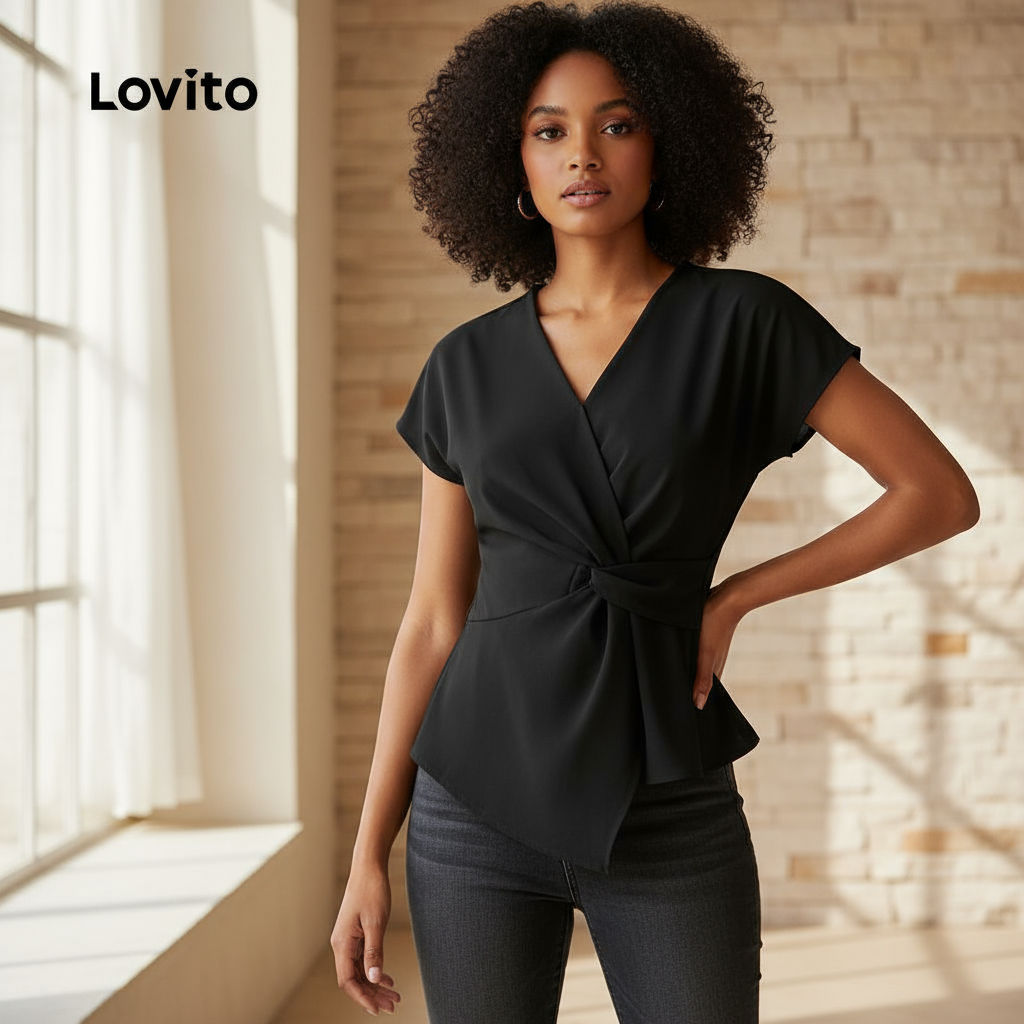 Lovito เสื้อเชิ้ตผู้หญิง ดีไซน์ไม่สมมาตร เนื้อผ้านุ่ม สวมใส่สบาย สไตล์ฤดูใบไม้ผลิ/ฤดูร้อน สีดํา L137ED190