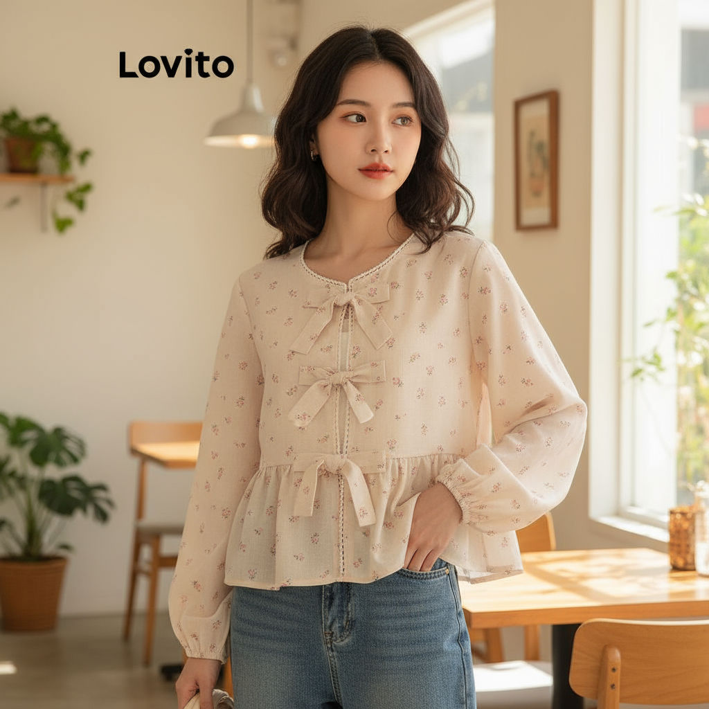 Lovito เสื้อเบลาส์ลายดอก ผูกเชือกด้านหน้า สไตล์น่ารัก L106AD869