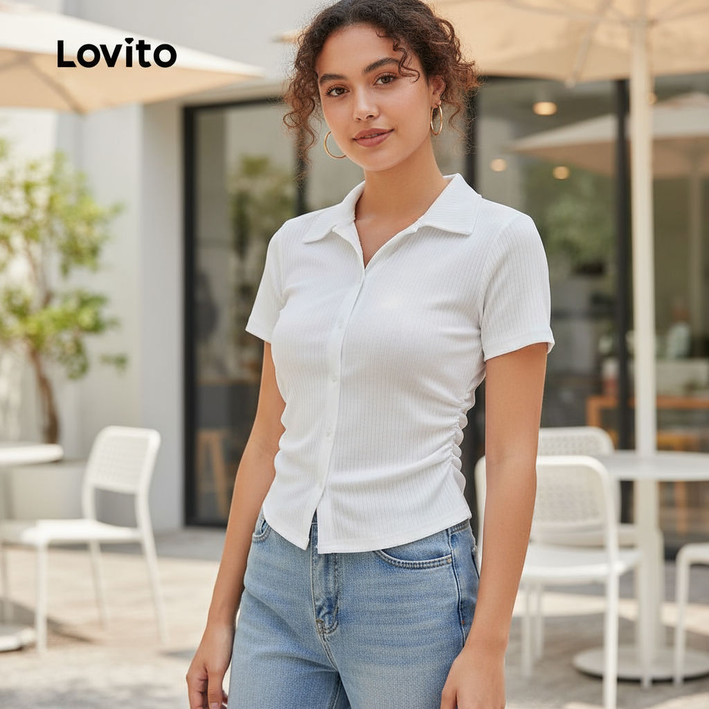 Lovito เสื้อเชิ้ตผู้หญิง รูดระบาย สไตล์ฤดูร้อน/ฤดูใบไม้ผลิ L128ED445