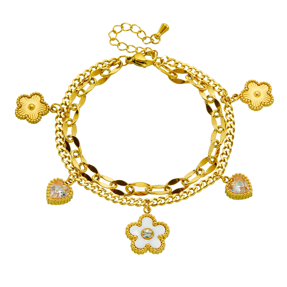 สร้อยข้อมือสแตนเลสผู้หญิงลายดอกไม้หัวใจสองชั้นโซ่สีทอง เหมาะสําหรับการสวมใส่ประจําวันและงานสังสรรค์ ของขวัญที่สง่างามและโรแมนติก - รูปที่ 4