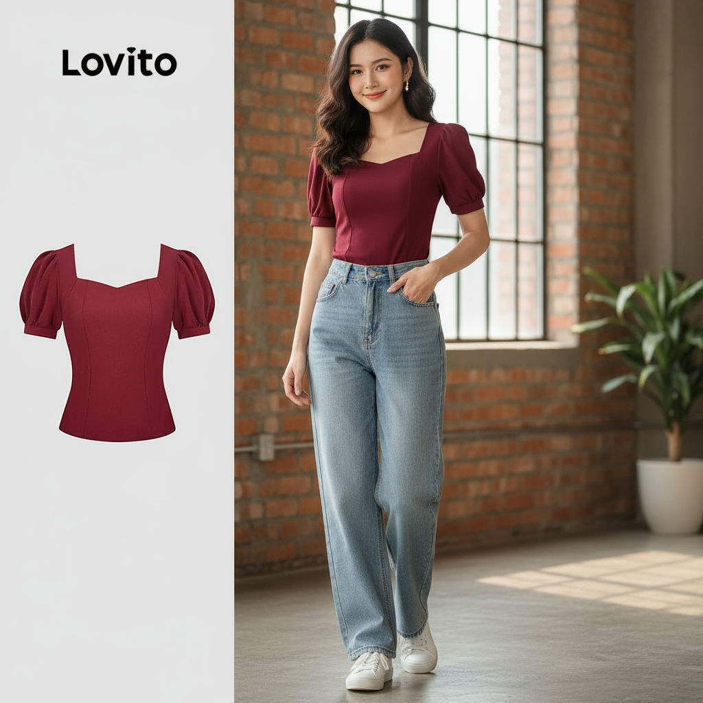 Lovito เสื้อยืดผู้หญิง สีแดง สไตล์หรู สําหรับฤดูร้อน ฤดูใบไม้ผลิ รหัส L157ED397