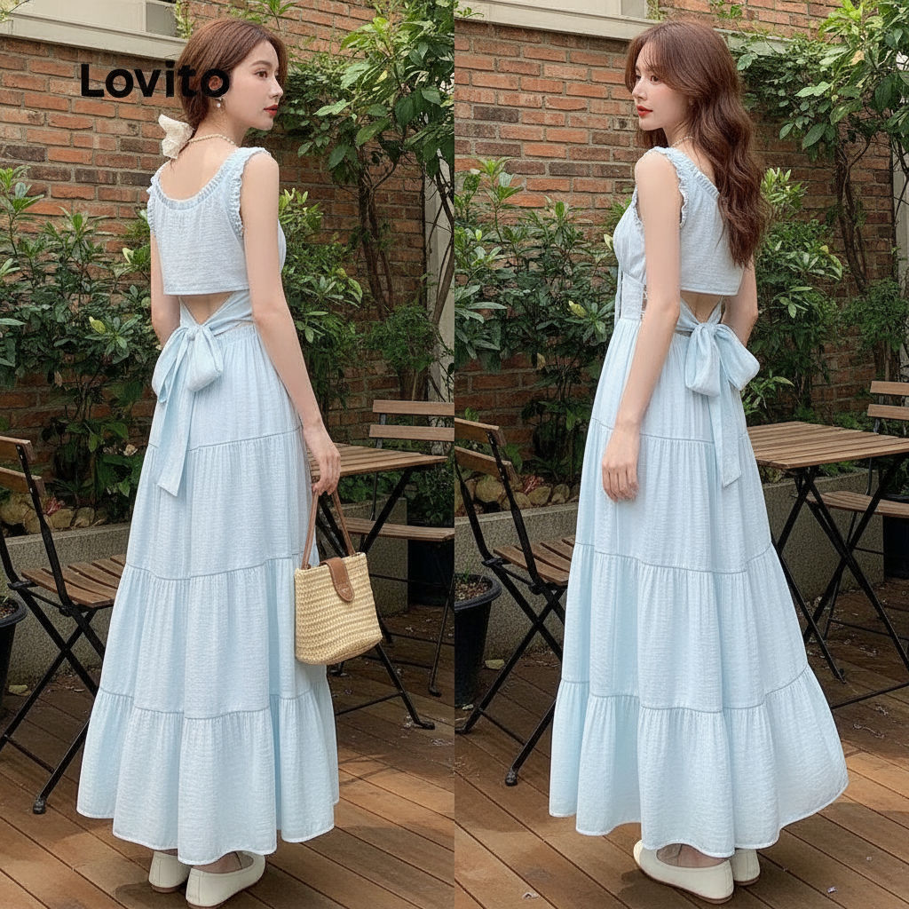 Lovito ชุดลําลองดีไซน์ผูกหลังและระบายชายเสื้อทรงเส้นโครง L145ED026