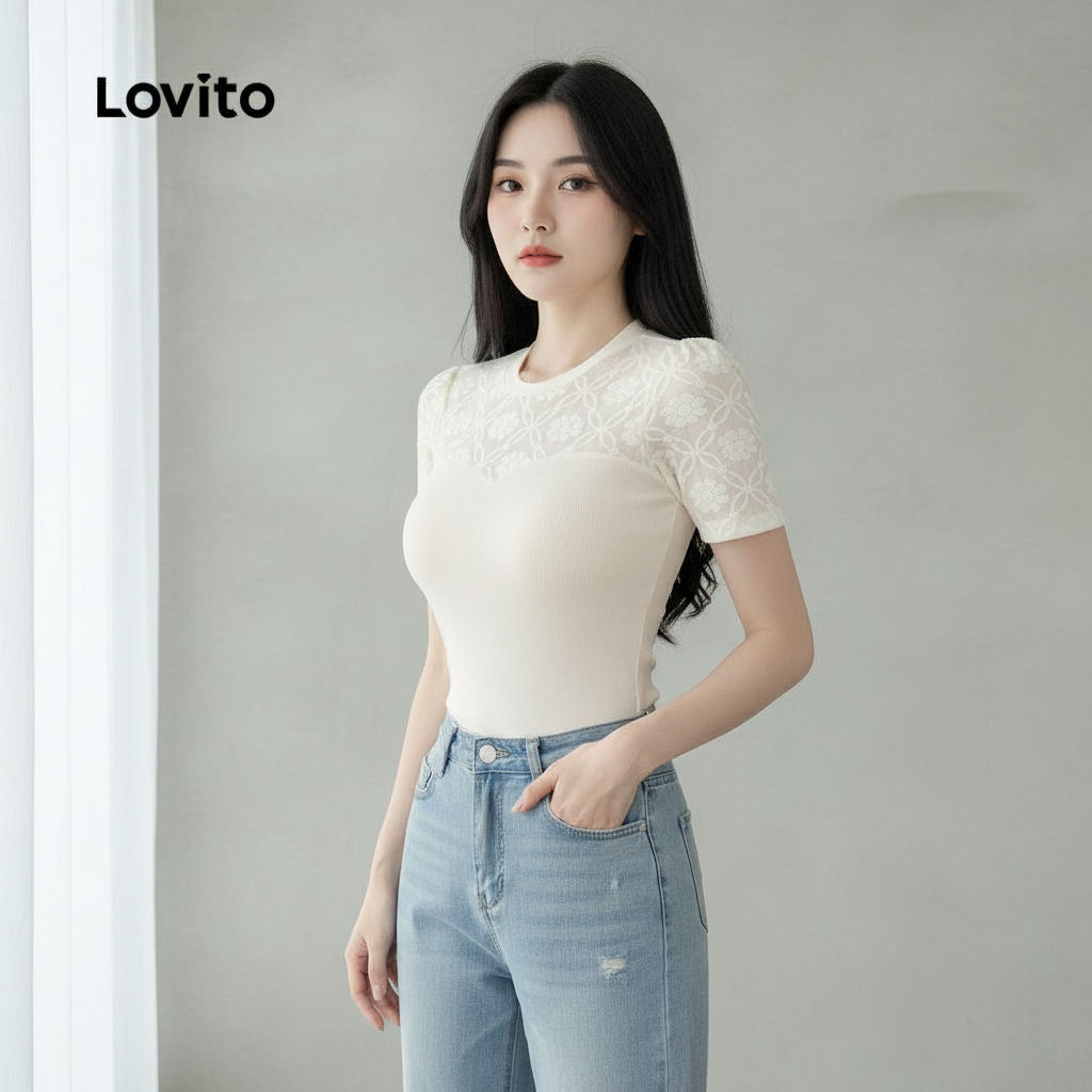Lovito เสื้อผู้หญิงผ้าหรู ดีไซน์เย็บต่อกัน สีแอปริคอท สําหรับฤดูใบไม้ผลิฤดูร้อน L143EDD240