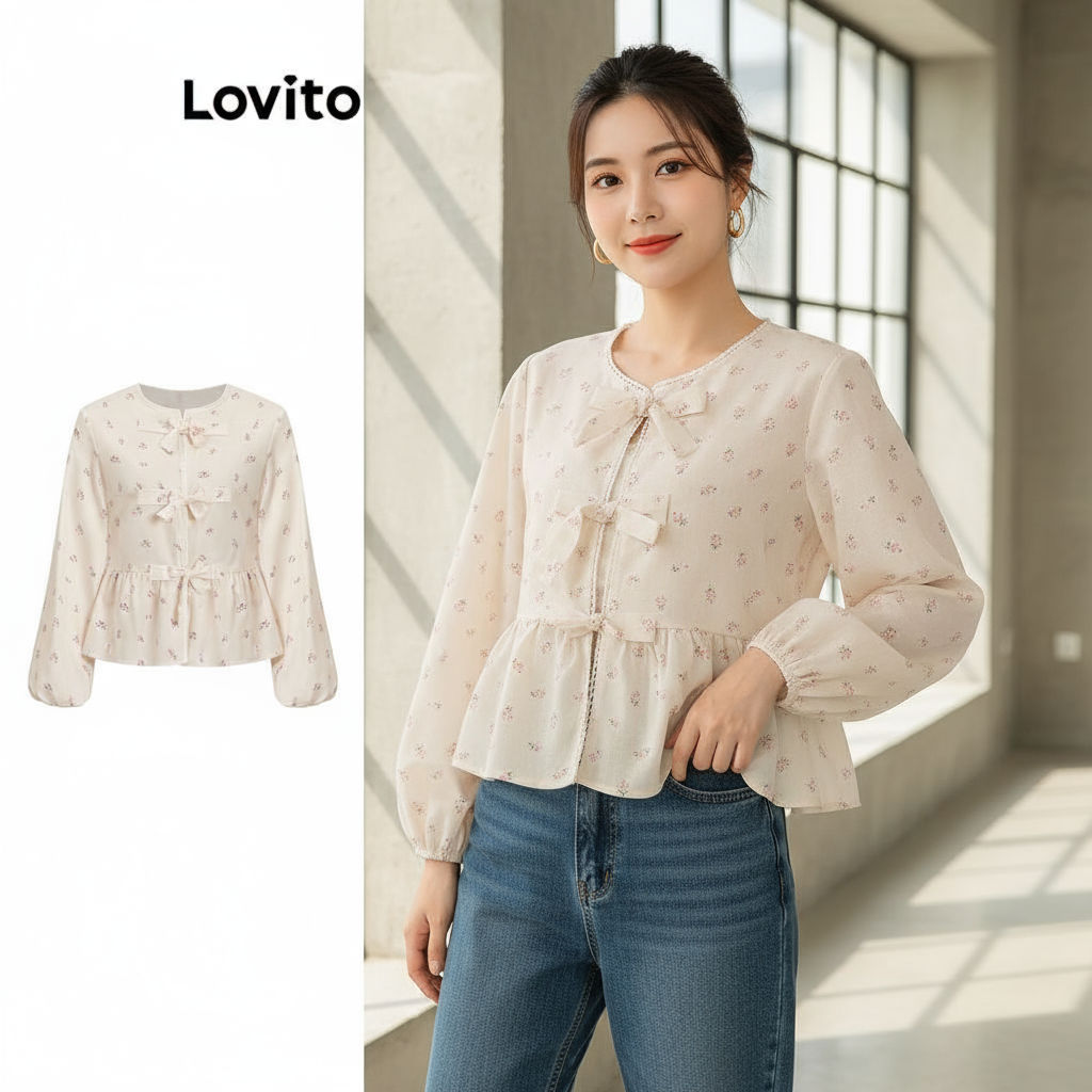 Lovito เสื้อเบลาส์ลายดอก ผูกเชือกด้านหน้า สไตล์น่ารัก L106AD869