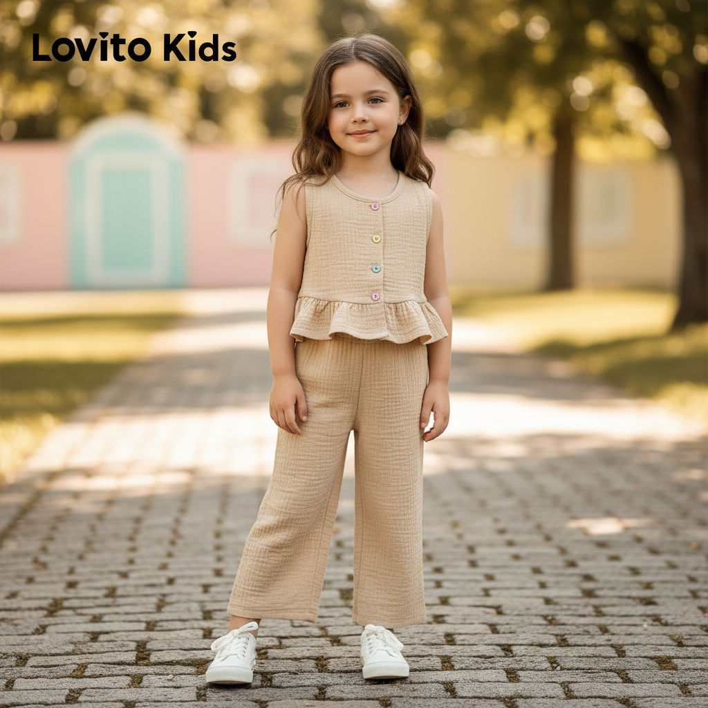 Lovito Kids ชุดเซตกางเกงลายดอกน่ารัก กระดุมหน้า สําหรับฤดูร้อน สีชมพู L148ED064