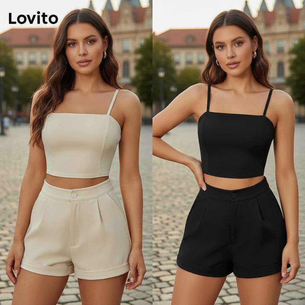 Lovito ชุดสองชิ้นกางเกงขาสั้นผู้หญิง ซิปสีพื้น ทรงลําลอง LBA05188 (แอปริคอท)