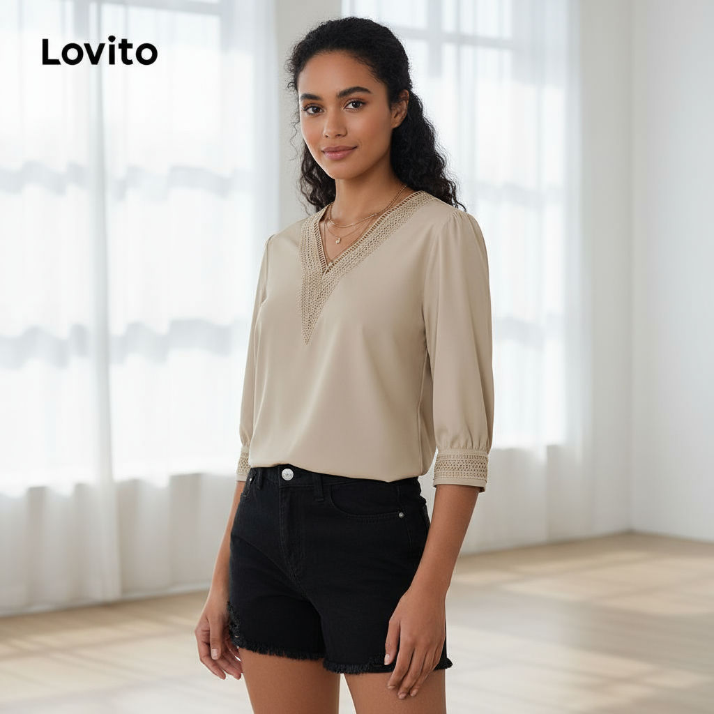 Lovito เสื้อเชิ้ตผู้หญิงคอระบาย เย็บประณีต หรูหรา สําหรับสุภาพสตรี LBL16215