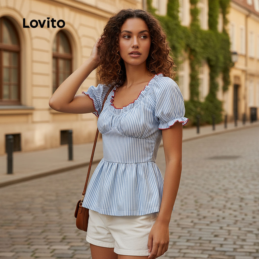 Lovito เสื้อผู้หญิงลายจีบคมชัดสม็อค ผูกพัน สไตล์น่ารักสําหรับฤดูร้อนและฤดูใบไม้ผลิ L125AD492