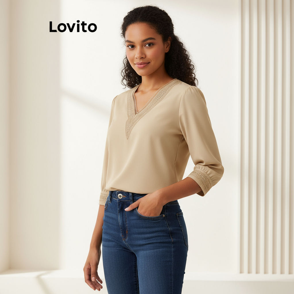 Lovito เสื้อเชิ้ตผู้หญิงคอระบาย เย็บประณีต หรูหรา สําหรับสุภาพสตรี LBL16215