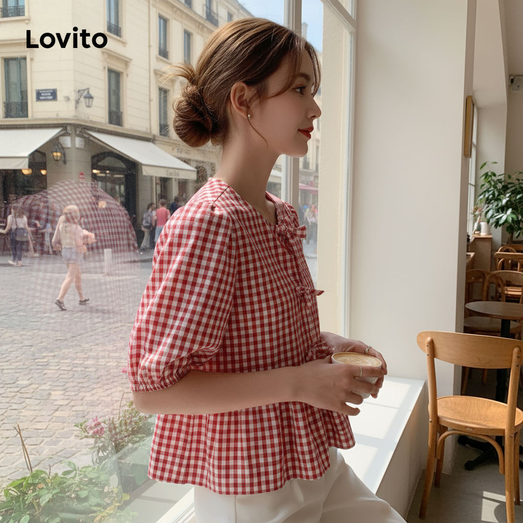 Lovito เสื้อผู้หญิงลายตาราง ผูกโบว์หน้า ดีไซน์น่ารัก เหมาะเทศกาลคริสต์มาส รหัส L101AD087