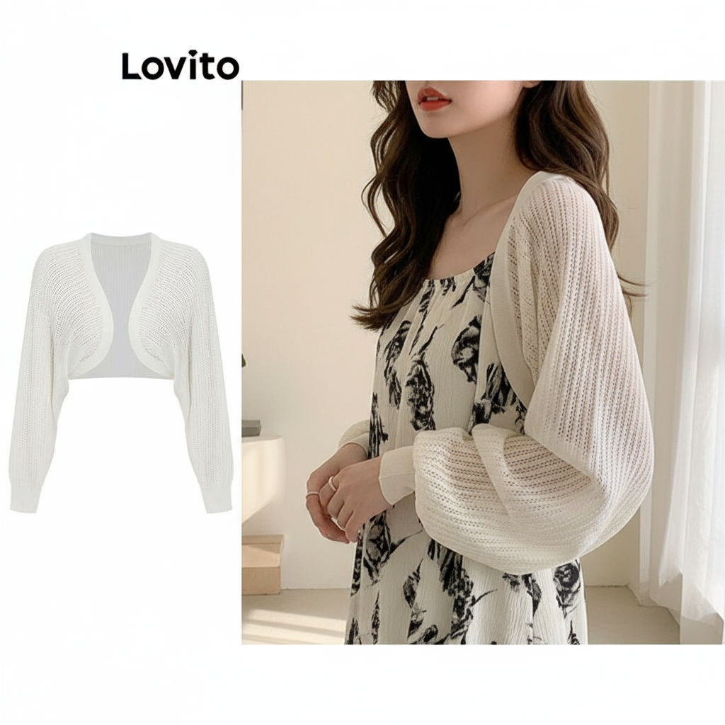 Lovito คาร์ดิแกนลําลองผู้หญิง ทรงเรียบ สีพื้น รุ่น L64AD102 (ขาว/ดํา)