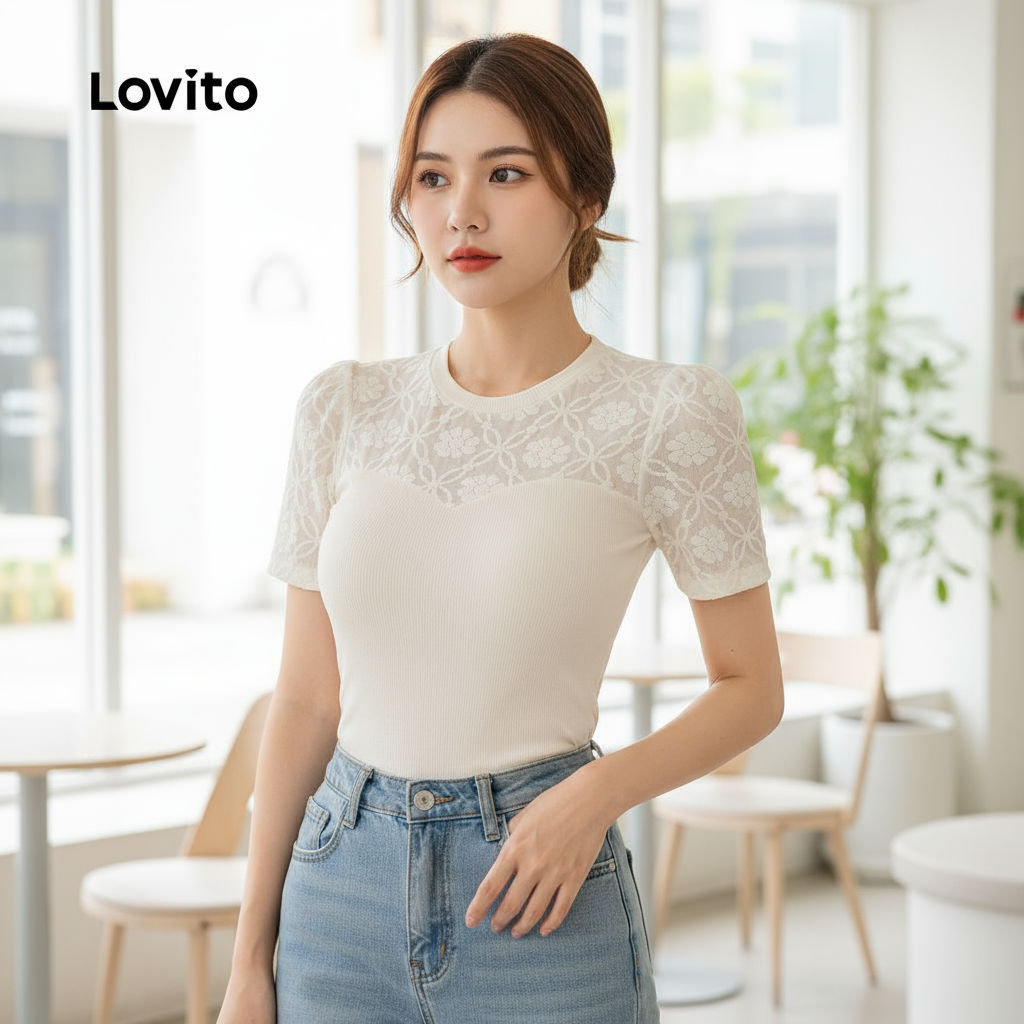 Lovito เสื้อผู้หญิงผ้าหรู ดีไซน์เย็บต่อกัน สีแอปริคอต สําหรับฤดูใบไม้ผลิ ฤดูร้อน L143EDD240