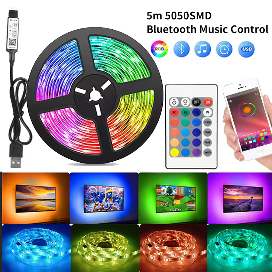 ไฟ LED Strip USB RGB 5050 แอปบลูทูธควบคุมไดโอดแบบยืดหยุ่น 1-5M