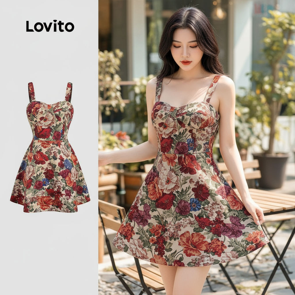 Lovito เดรสผู้หญิงสไตล์วินเทจสีสันสดใส สําหรับฤดูใบไม้ผลิฤดูร้อน L144AD149