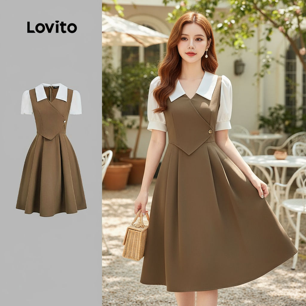 Lovito สง่างาม เดรสผู้หญิงหรูหรา สีน้ําตาล สไตล์ฤดูใบไม้ผลิฤดูร้อน ปุ่มสีบล็อค L154ED1141