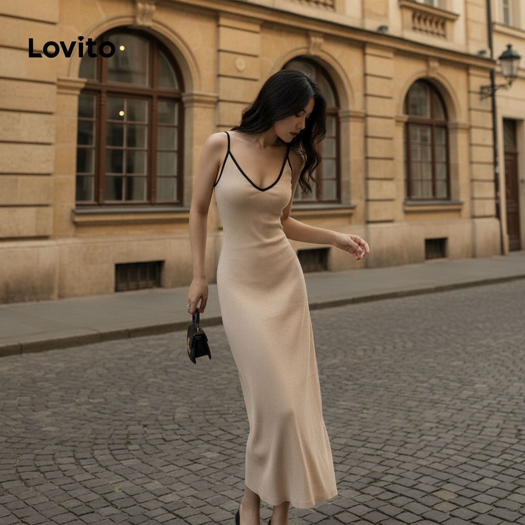 Lovito เดรสผู้หญิง ขอบสีตัดกัน สไตล์ลําลอง L106AD304