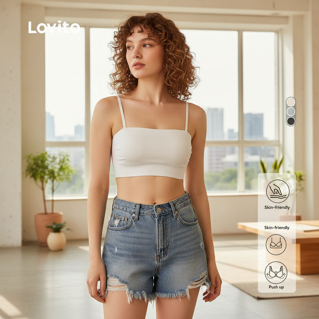 Lovito บราไร้โครงสวมใส่สบาย ผ้าปลอดภัยต่อผิว บราเสริมฟองน้ําสีดํา สําหรับผู้หญิง LNE113158