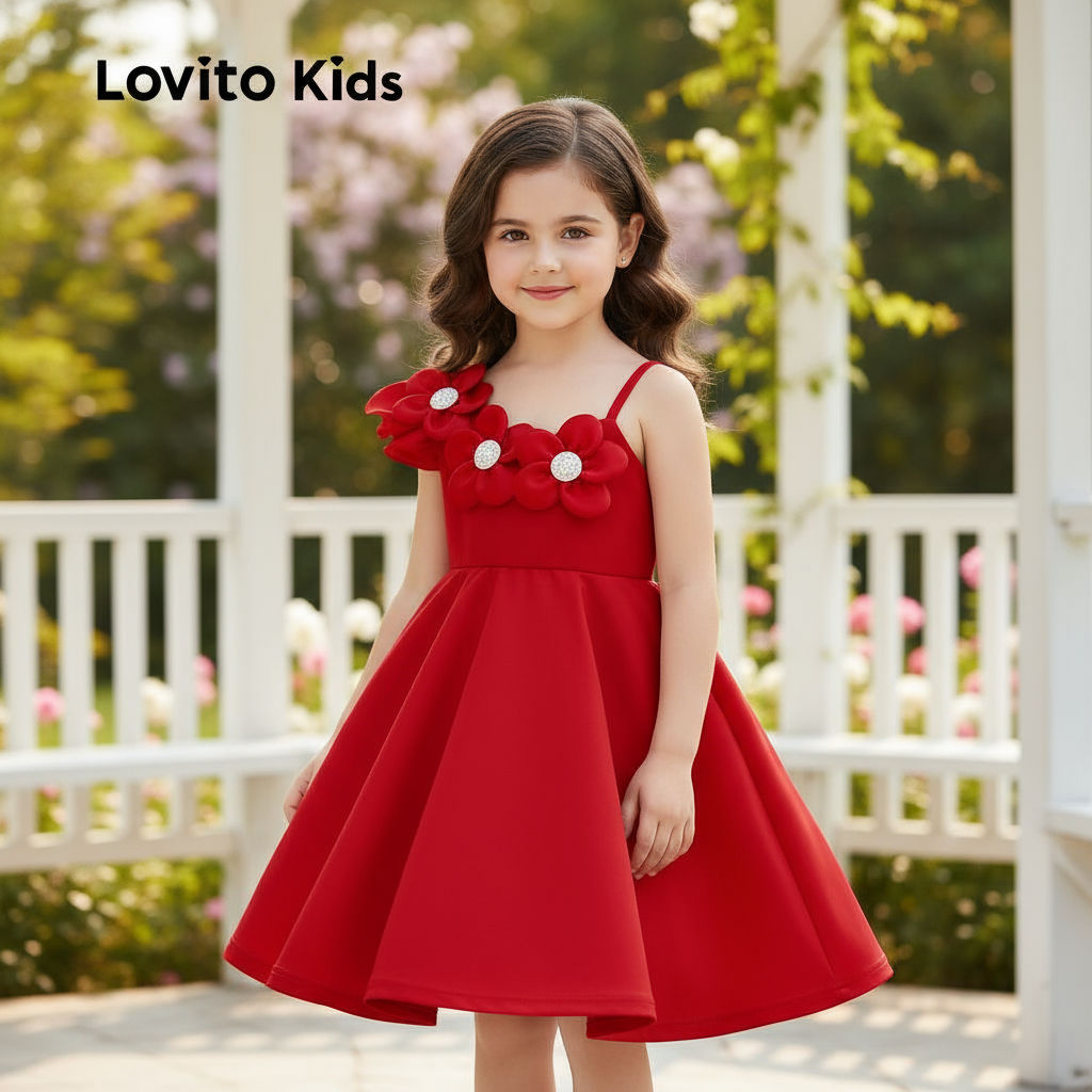 Lovito เดรสเด็กลายโซ่สุดน่ารัก สไตล์อสมมาตร สําหรับฤดูใบไม้ผลิ/ฤดูร้อน คริสต์มาส/ปีใหม่ สีแดง L162LD278
