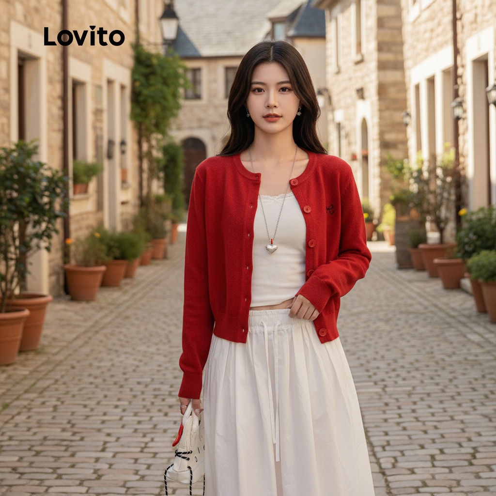 Lovito คาร์ดิแกนลําลองผู้หญิง สไตล์ฤดูใบไม้ร่วงฤดูหนาว ติดกระดุม LNA117005