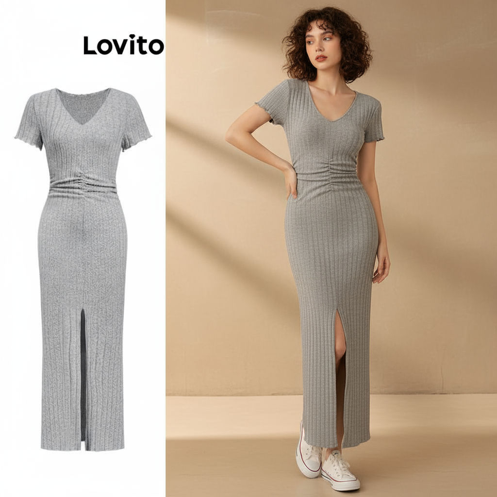 Lovito ชุดเดรสลําลองผู้หญิง ด้านหน้าแยก ทรงเรียบ L108ED610