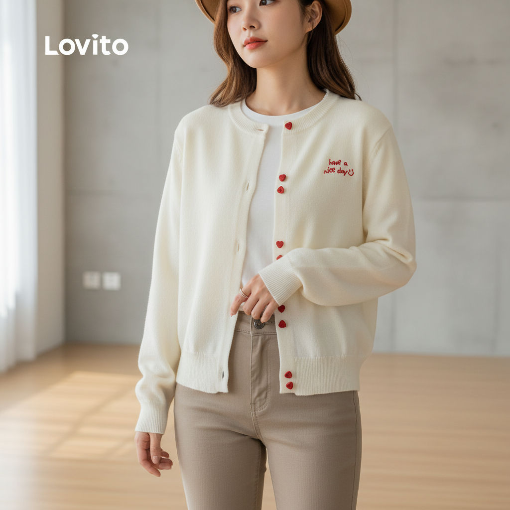 Lovito เสื้อคาร์ดิแกนลําลองผู้หญิง สีขาว สําหรับฤดูหนาว LNA121017