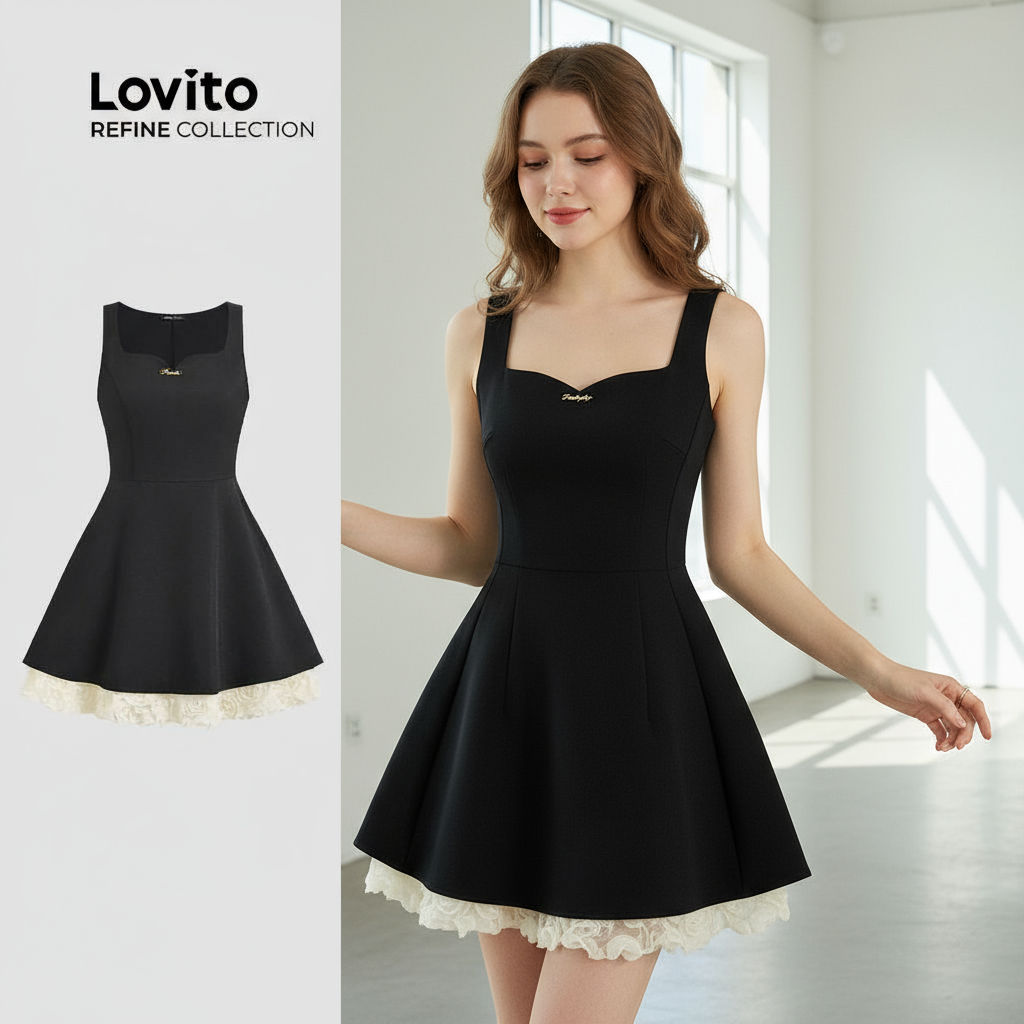 Lovito ชุดเดรสผู้หญิง 2-in-1 สีดํา ทรงเดรปลําลอง สําหรับฤดูใบไม้ผลิและฤดูร้อน LR12A171