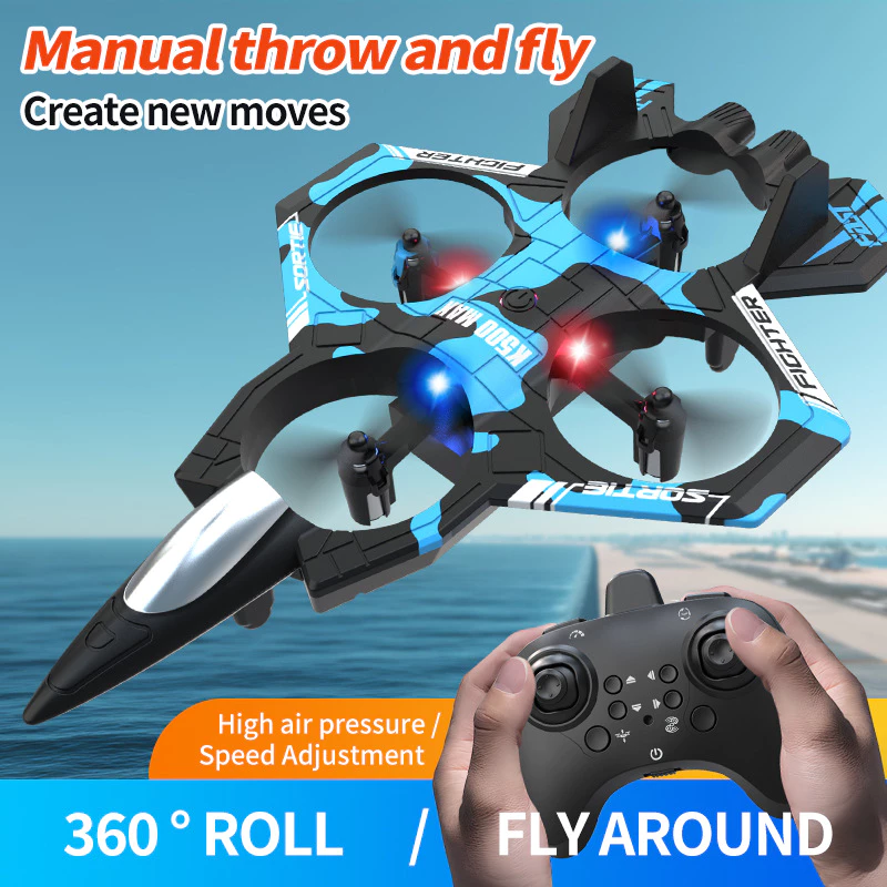 K500 MAX RC Drone Fighter Jet รีโมทคอนโทรลเครื่องบินความสูงคงที่ Hovering Stunt ม้วนไฟ LED 2.4G Quadcopter ของขวัญสําหรับผู้เริ่มต้น Camouflage Blue thumbnail 3