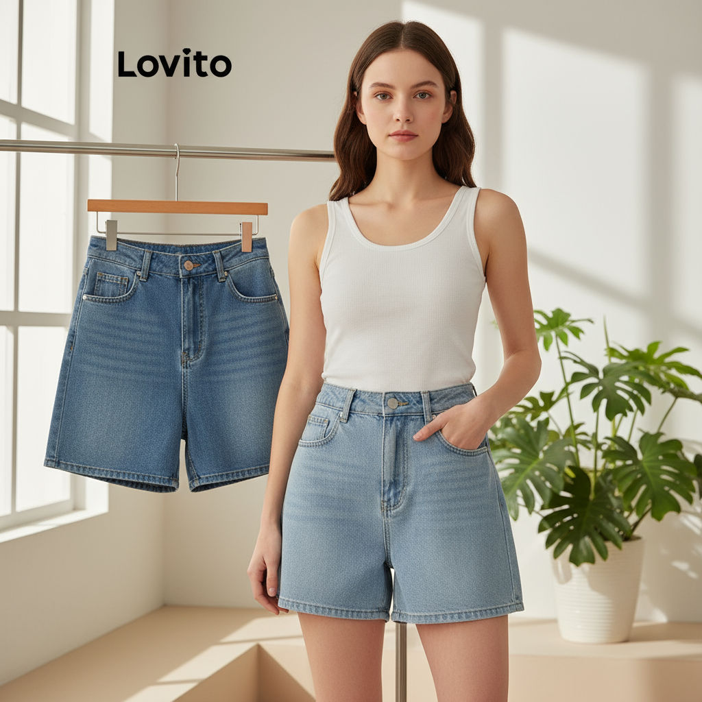 Lovito กางเกงขาสั้นยีนส์ผู้หญิง ทรงสบาย เดนิมปุ่มเรียบ L82AD168 (หลายสี)