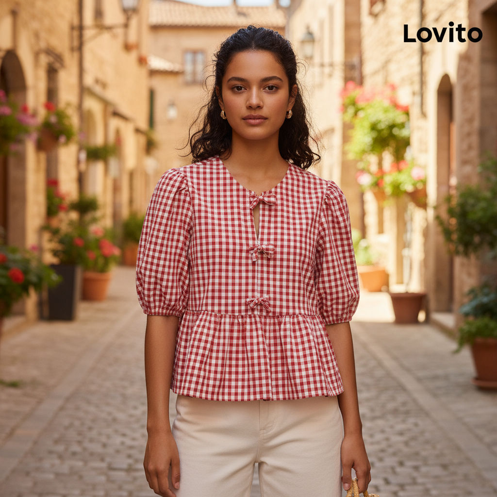 Lovito เสื้อผู้หญิงลายตารางแต่งโบว์ด้านหน้า ดีไซน์น่ารัก เทศกาลคริสต์มาส รุ่น L101AD087