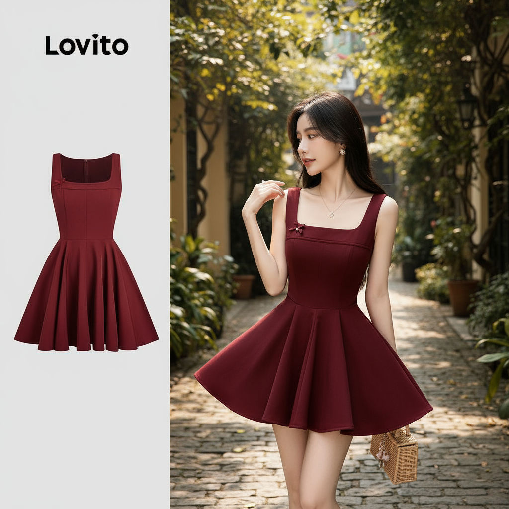 Lovito เดรสสายเดี่ยวผูกโบว์ สีแดง สําหรับผู้หญิง สไตล์ลําลอง ฤดูใบไม้ผลิ ฤดูร้อน L157ED507