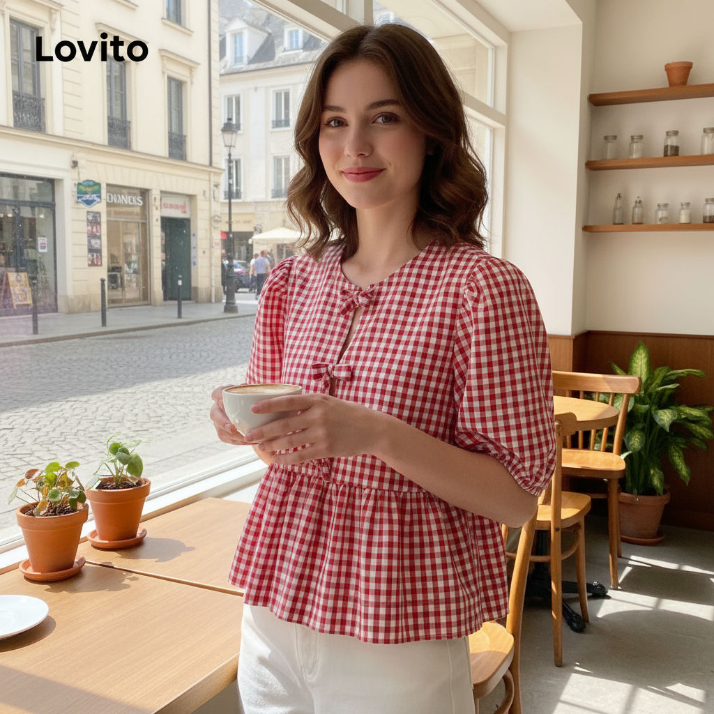 Lovito เสื้อผู้หญิงลายตาราง ผูกโบว์หน้า ดีไซน์น่ารัก เหมาะเทศกาลคริสต์มาส รหัส L101AD087