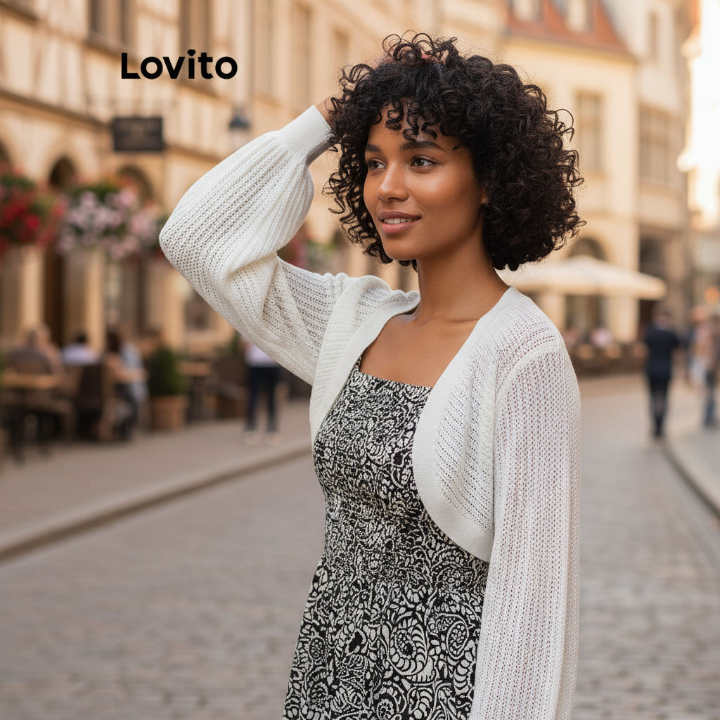 Lovito คาร์ดิแกนลําลองผู้หญิง ทรงเรียบ สีพื้น รุ่น L64AD102 (ขาว/ดํา)