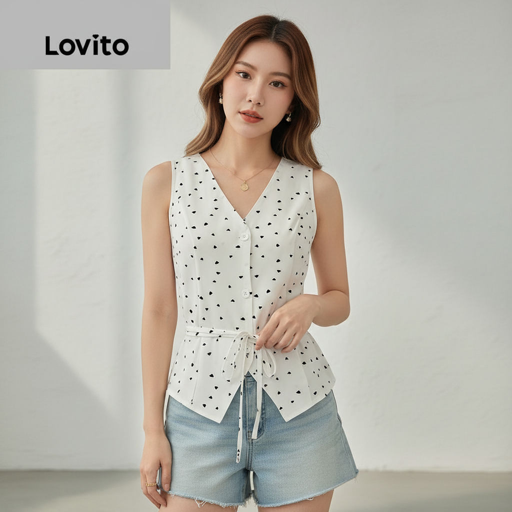 Lovito เสื้อเชิ้ตคอเปิดสําหรับผู้หญิง สไตล์เรียบหรู ฤดูใบไม้ผลิ/ฤดูร้อน สีขาวออฟไวท์ L143EDD423