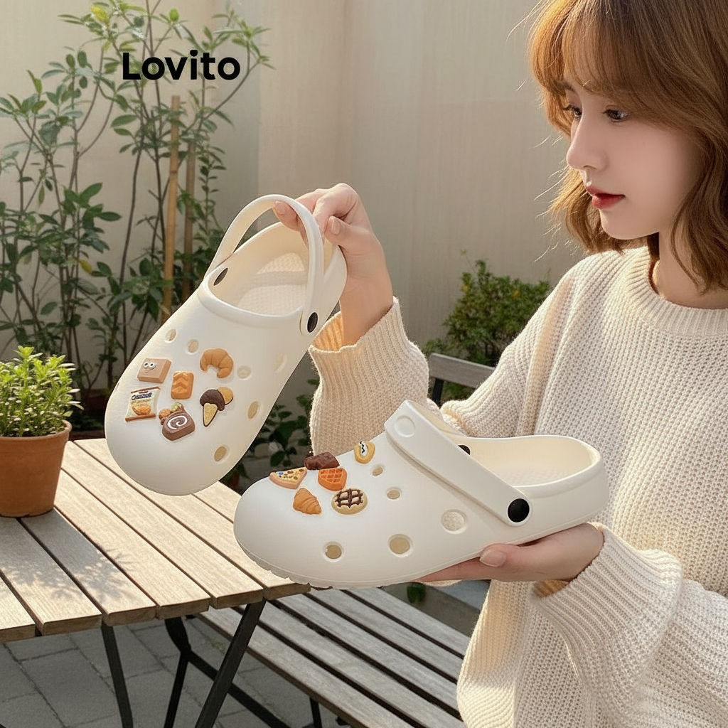 Lovito วัสดุ อีวา ใส่สบาย ไม่เหม็นเท้า พื้นนิ่ม สีช็อกโกแลต รองเท้าส้นแบน สําหรับผู้หญิง ใส่วันหยุดส