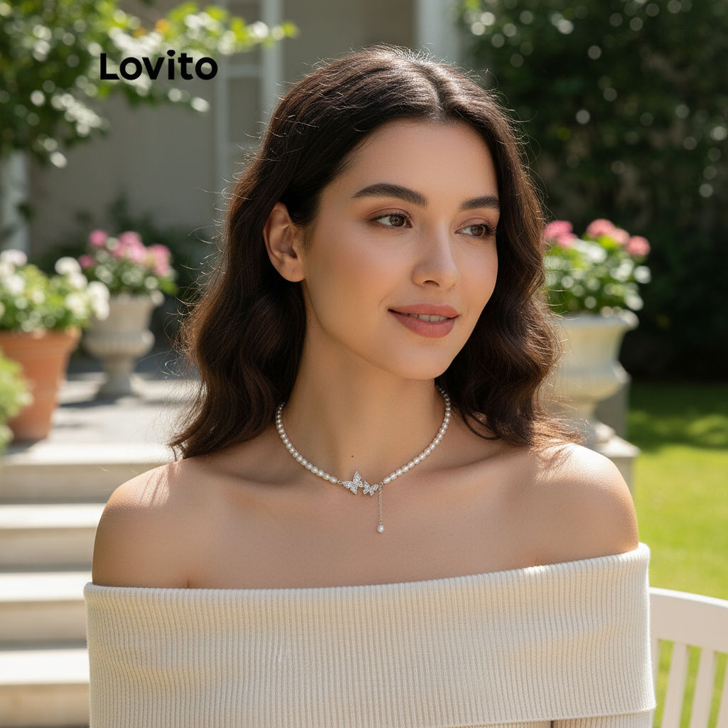 Lovito สร้อยคอมุกแท้ สไตล์ผู้หญิง LNA14115 (สีขาว)