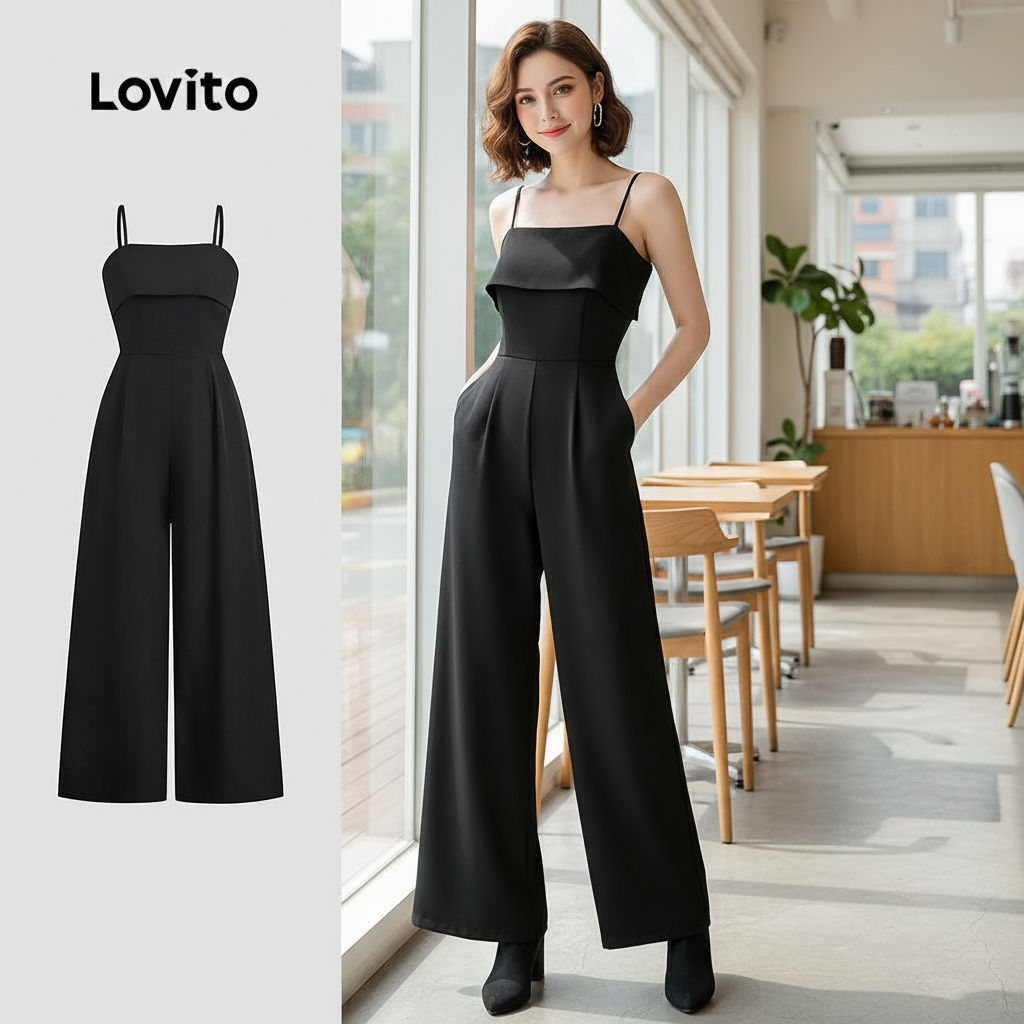 Lovito สง่างาม จั๊มสูทผู้หญิง 2-in-1 ดีไซน์เรียบหรู สีดํา สําหรับฤดูใบไม้ผลิ/ฤดูร้อน L150ED033