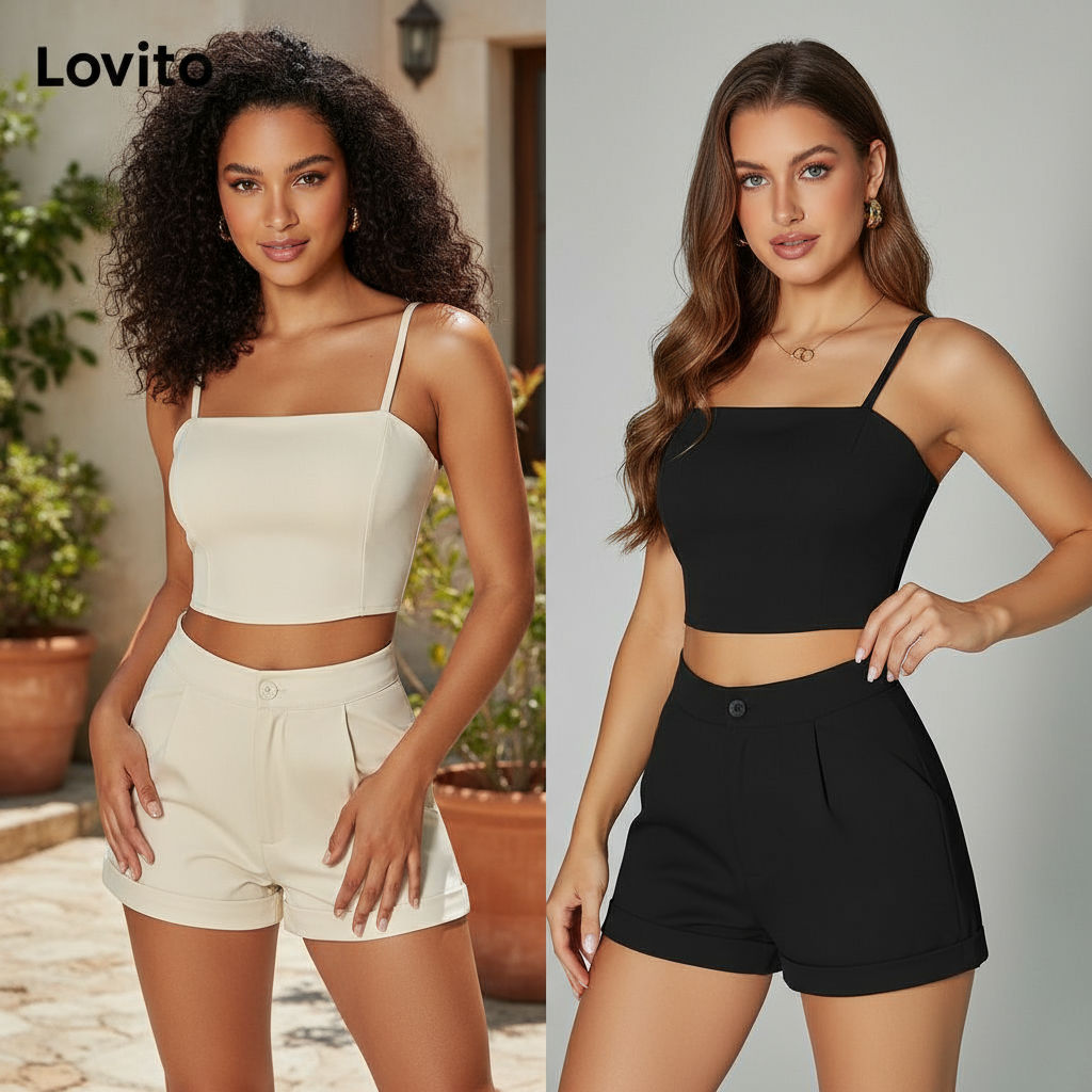 Lovito ชุดสองชิ้นกางเกงขาสั้นผู้หญิง ซิปสีพื้น ทรงลําลอง LBA05188 (แอปริคอท)