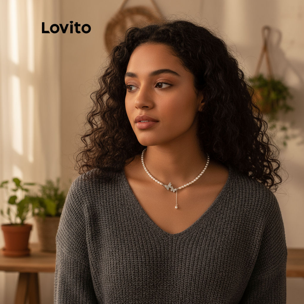 Lovito สร้อยคอมุกแท้ สไตล์ผู้หญิง LNA14115 (สีขาว)