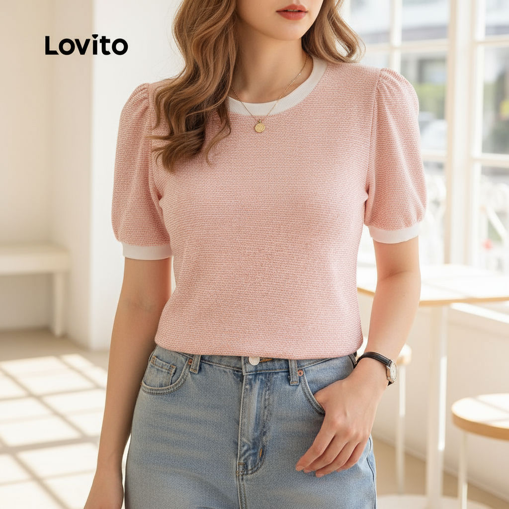 Lovito เสื้อยืดสีผสมหรูหรา ใส่สบาย แฟชั่นฤดูใบไม้ผลิ ฤดูร้อน L143ED015