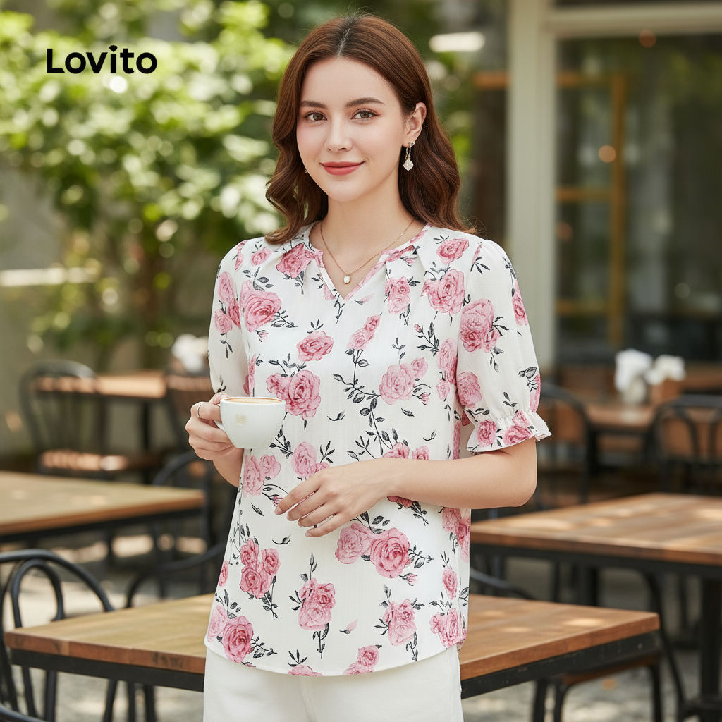 Lovito เสื้อเชิ้ตผู้หญิงสไตล์บูโก้ สําหรับฤดูใบไม้ผลิและฤดูร้อน L149ED1154
