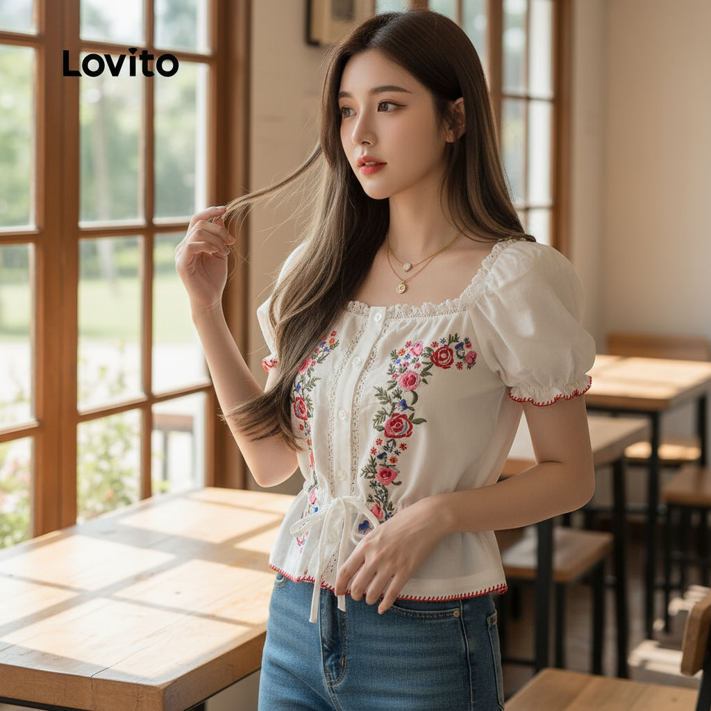 Lovito เสื้อลูกไม้ผูกเชือก ขอบตัดสีตรงข้าม เสื้อเชิ้ตสีขาวสําหรับฤดูใบไม้ผลิ/ฤดูร้อน LBL28137