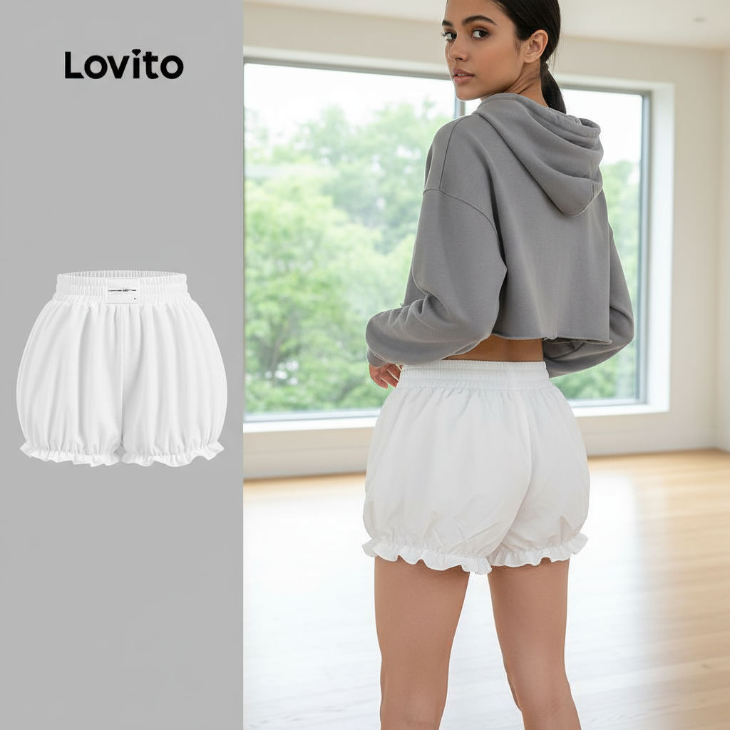 Lovito กางเกงขาสั้นผู้หญิง ขอบสีพื้น สําหรับฤดูร้อน ฤดูใบไม้ผลิ L130AD174