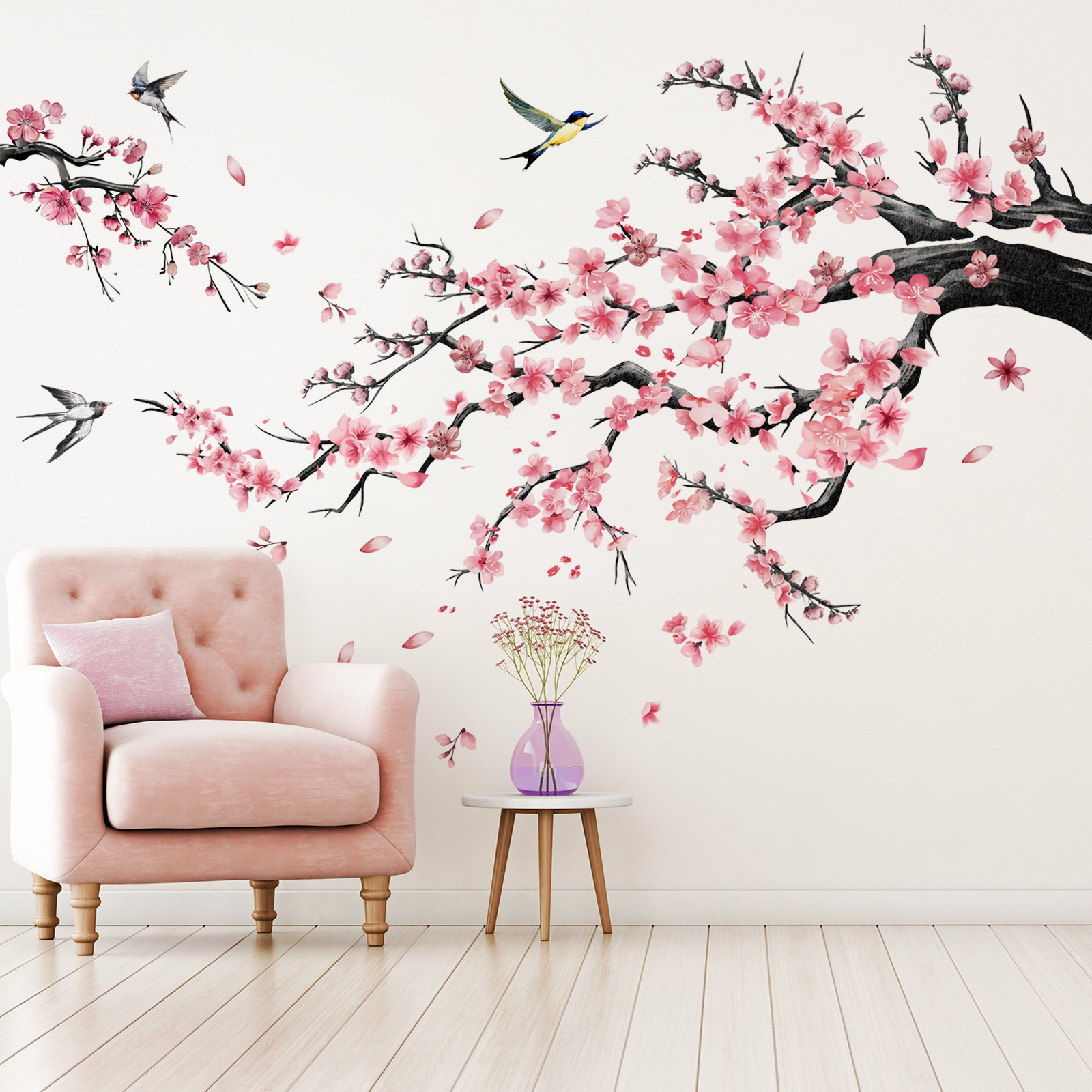 ชุด (30 * 90 ซม. * 3 ชิ้น) พีชบลอสซั่มสาขากลืน 2D แบนตกแต่งบ้าน Self-Adhesive สติ๊กเกอร์ติดผนัง, M19