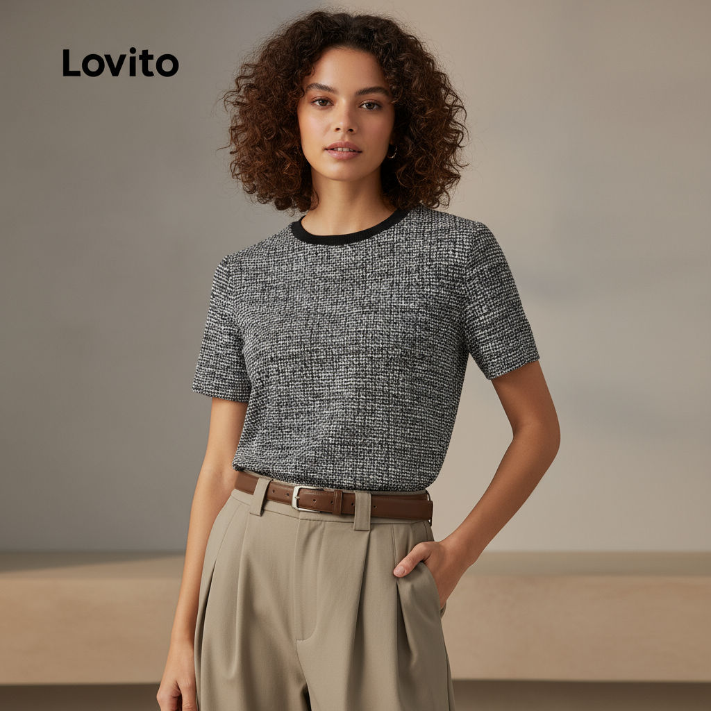 Lovito เสื้อเชิ้ตผู้หญิง สีตัดกัน ดีไซน์เรียบง่าย สําหรับฤดูใบไม้ผลิ ฤดูร้อน สีดํา L138ED010