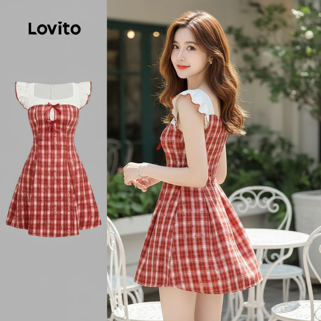 Lovito ชุดเดรสสีแดงน่ารักสําหรับเทศกาลคริสต์มาส ประดับโบว์ ลูกไม้ เดรสฤดูใบไม้ผลิ/ฤดูร้อน สําหรับผู้หญิง L144AD382