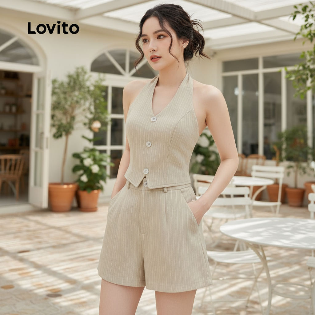 Lovito ชุดเซตกางเกงขาสั้นผู้หญิง ทรงเรขาคณิต ดีไซน์ผ่าหน้า L137ED116