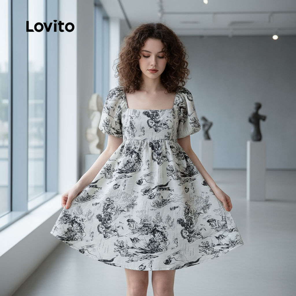 Lovito ชุดเดรสลําลองผู้หญิง สําหรับฤดูใบไม้ผลิ ฤดูร้อน สไตล์สบาย L143ED445