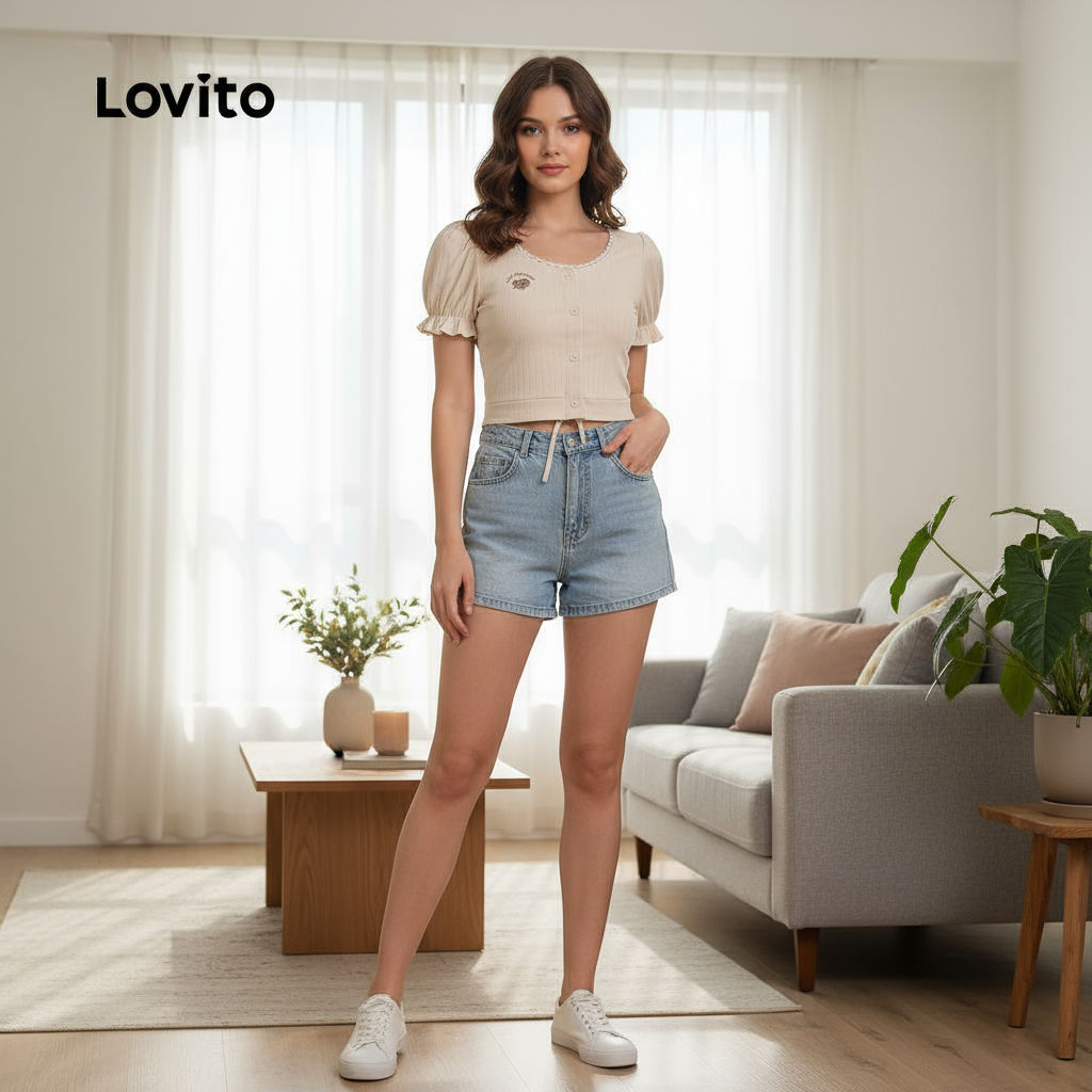 Lovito เสื้อยืดผู้หญิง คอระบาย เรียบง่าย ใส่สบาย รุ่น LNA40070